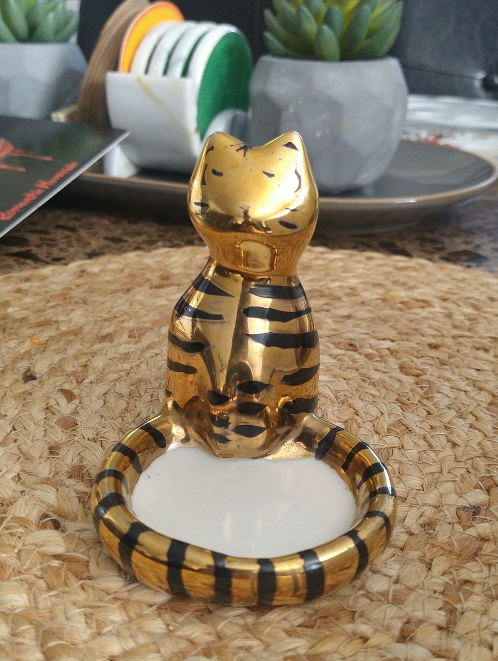 Anthropologie Gold and Black Striped Cat Ring Dish